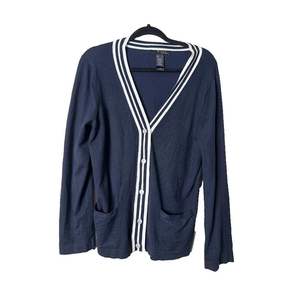 Studio Liz Claiborne‎ Cardigan Sweater Large Preppy Varsity Tennis Blue Button